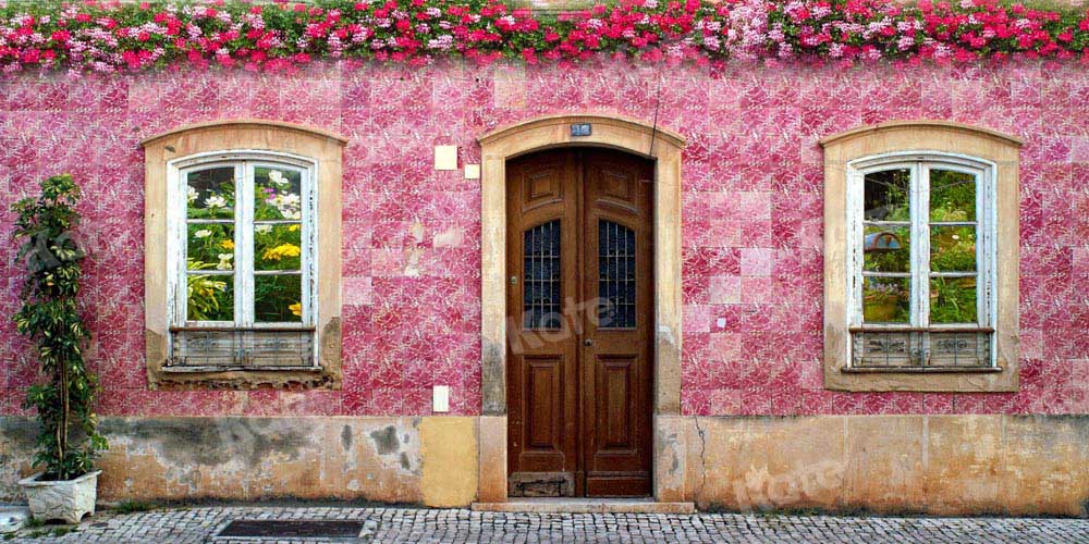 Kat春のレトロな建築の背景通りの花Chain Photography