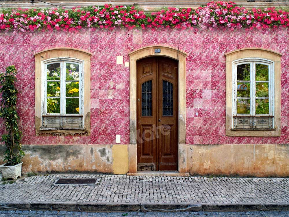 Kat春のレトロな建築の背景通りの花Chain Photography