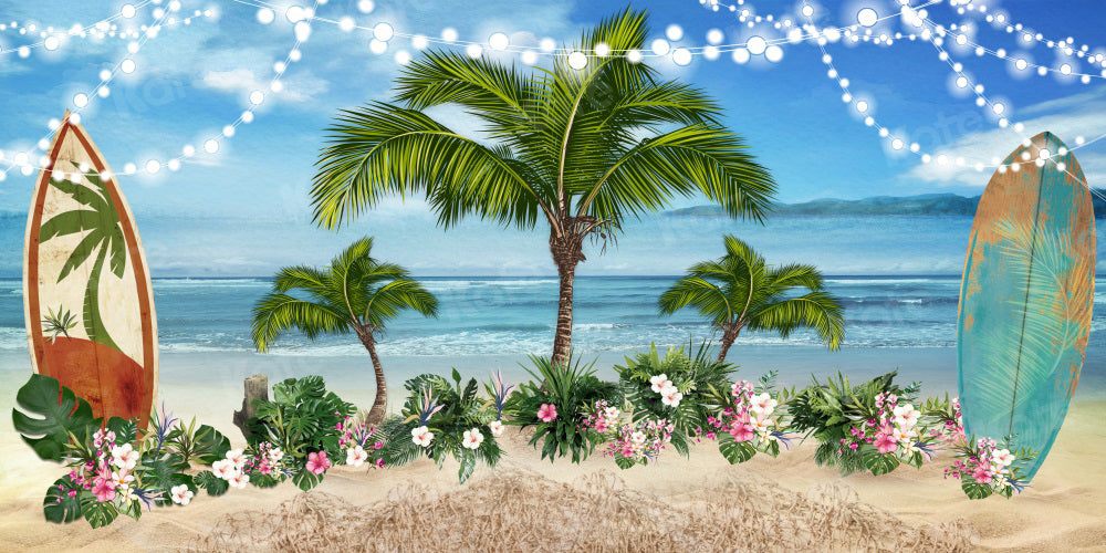 Kate写真撮影の夏の海辺サーフボード花の背景