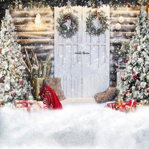 Kate 写真撮影のためのクリスマスの雪の正面玄関の背景