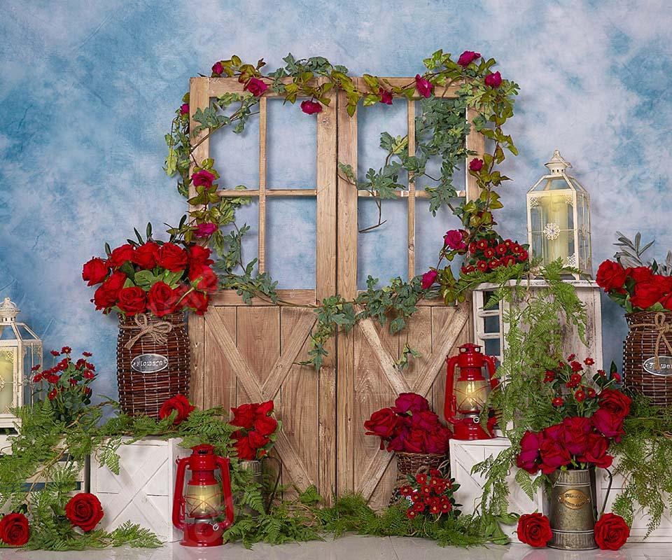 Kate春/母の日赤いバラの花のドア青い背景Emetselch設計