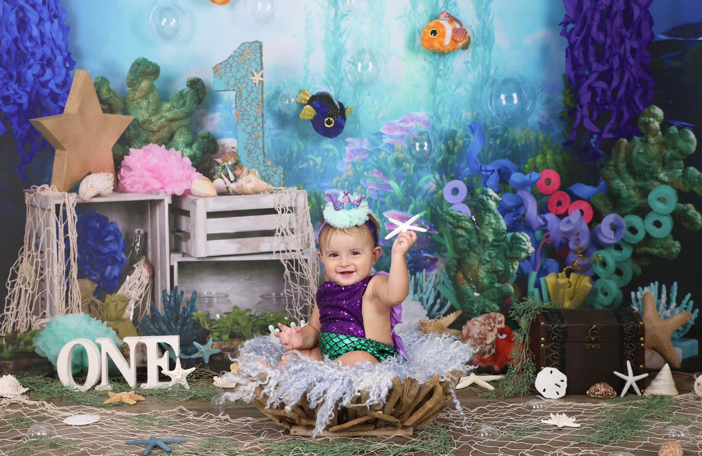 kate 海の下の人魚1歳の誕生日ケーキスマッシュ夏背景