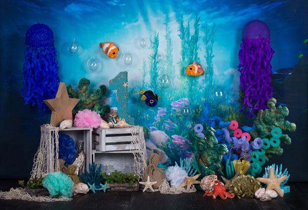 kate 海の下の人魚1歳の誕生日ケーキスマッシュ夏背景