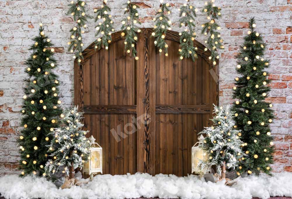 Kateクリスマスの背景納屋のドアれんが壁雪Emetselchデザイン