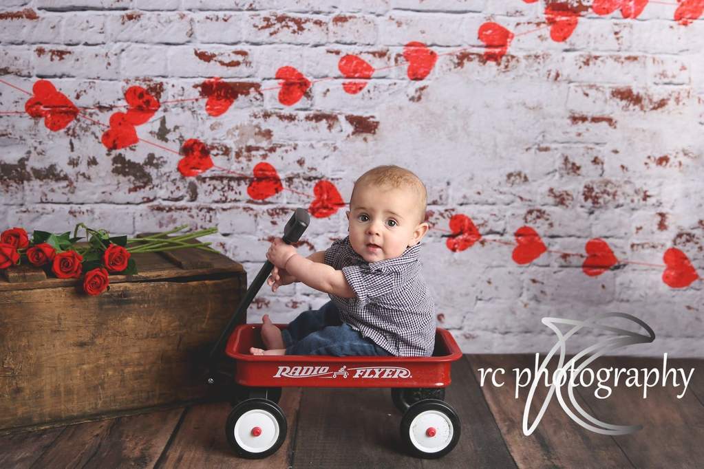 Kate 写真のための赤いハートバレンタインデーの背景と白いレンガの壁 のデザインです JS Photography