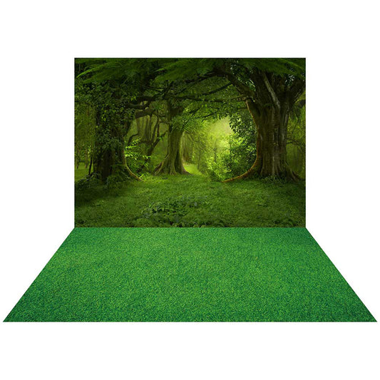 Kate 森の幻想的な霧の背景+緑の草のゴム製フロアマット