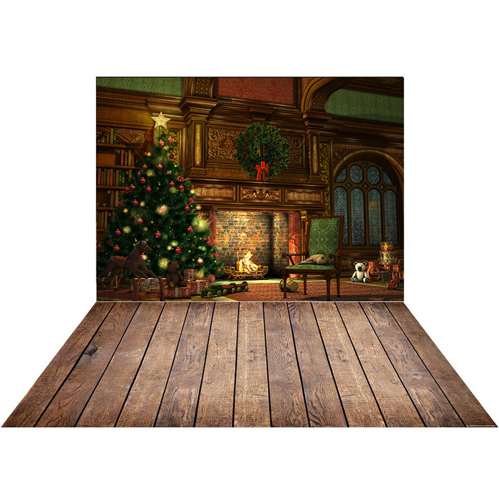 Kate クリスマスの背景暖炉+ブラウンウッドストライプラバーフロアマット