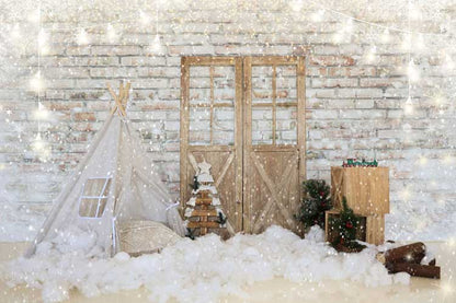 写真撮影のためのkateつのクリスマステント納屋のドアのレンガの背景