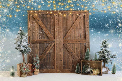 Kateクリスマス納屋写真撮影のためのドアの雪の背景