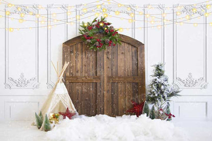 写真撮影のためのKateクリスマス納屋のドア白い雪の背景
