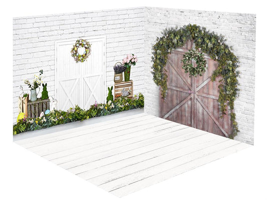 Kateイースター白いレンガの壁木製ドア緑の植物部屋セット(8ftx8ft＆10ftx8ft＆8ftx10ft)