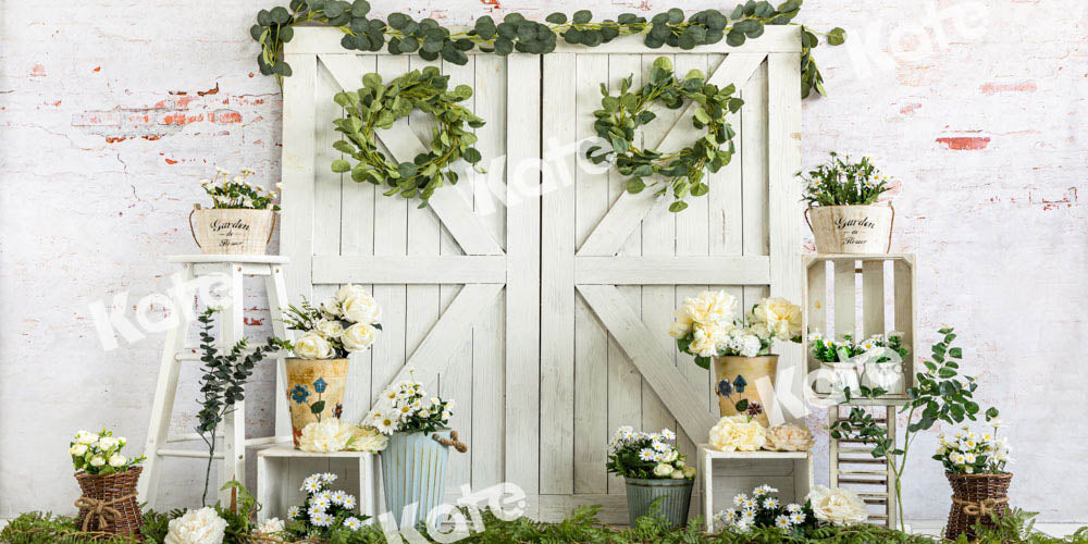 Kate春の花白い納屋のドアの背景Emetselch設計