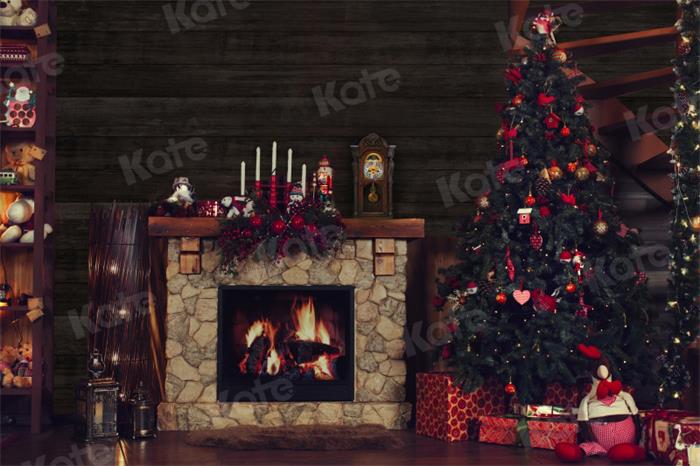 kate写真撮影のためのクリスマスギフトツリー背景暖炉