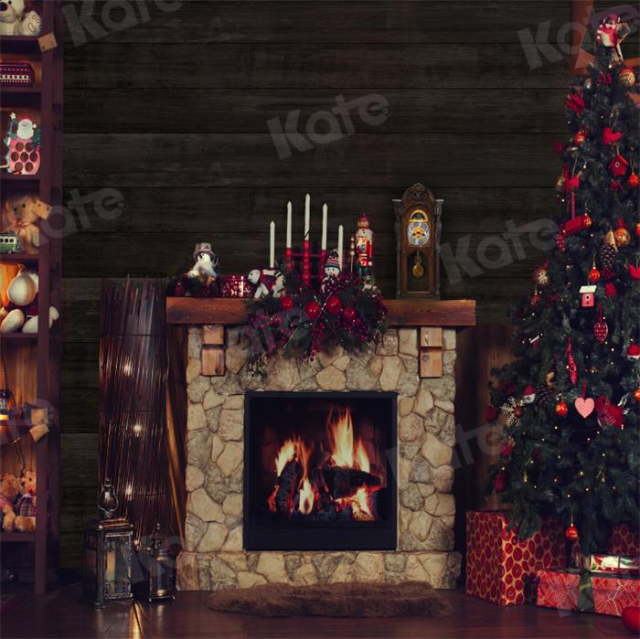 kate写真撮影のためのクリスマスギフトツリー背景暖炉