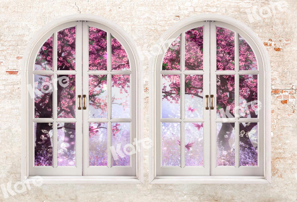 Kate窓の外の春の花の背景Chain写真撮影