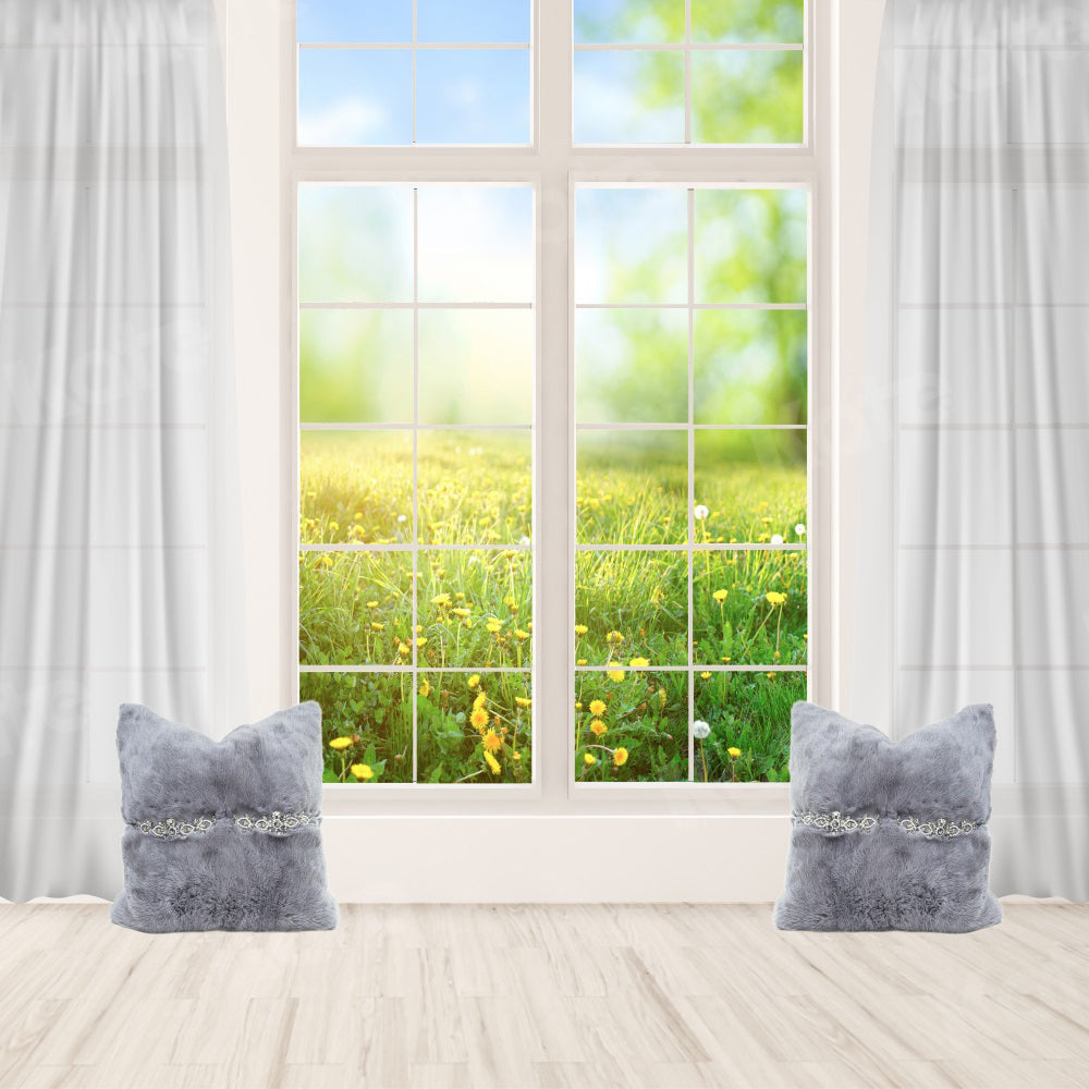 kate写真撮影のための白い窓の緑の植物の外の春の風景の背景