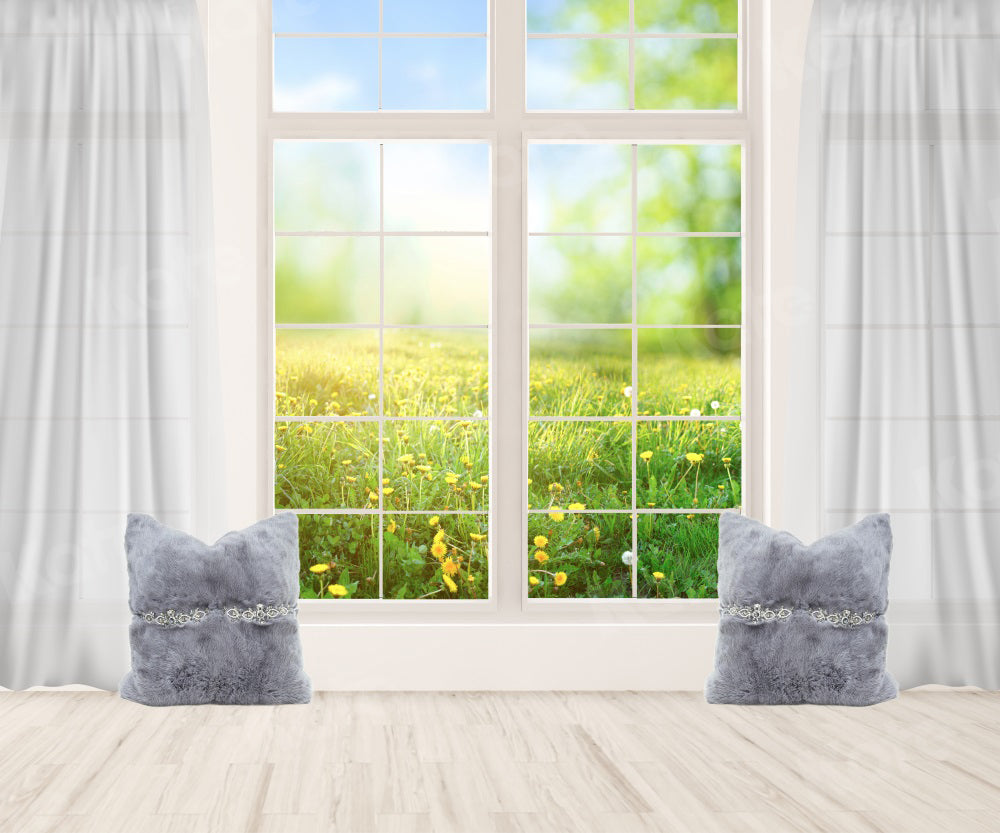 kate写真撮影のための白い窓の緑の植物の外の春の風景の背景