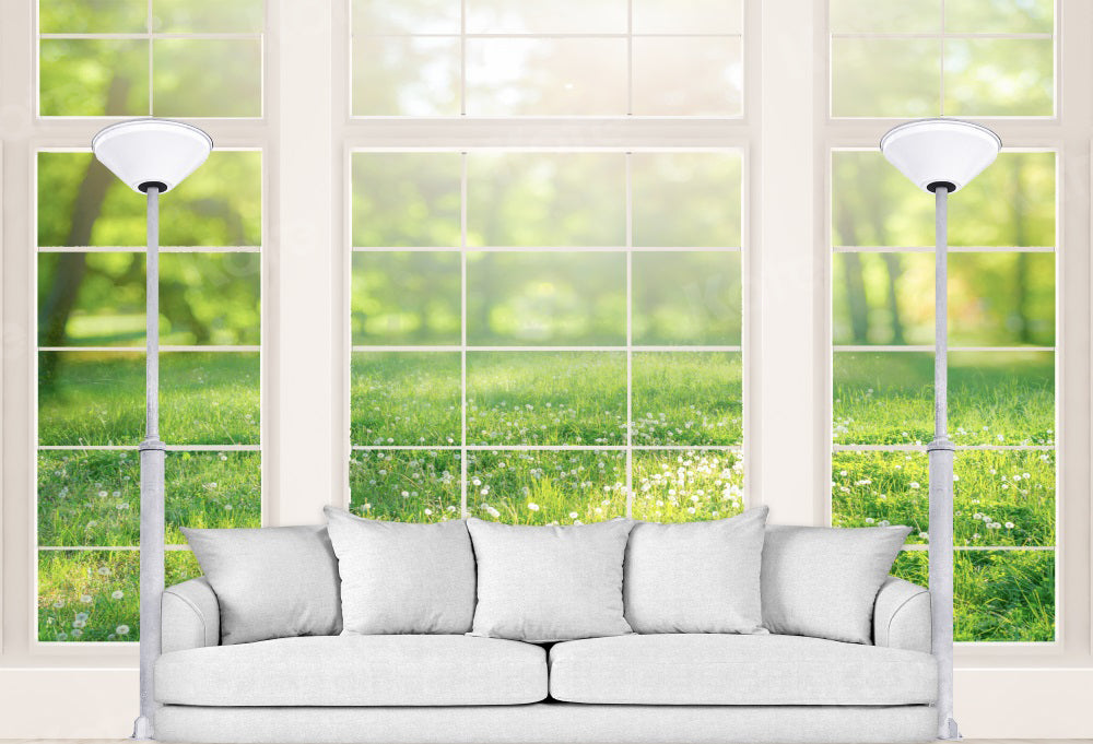 kate写真撮影のための春のソファ屋内背景ウィンドウ緑の植物