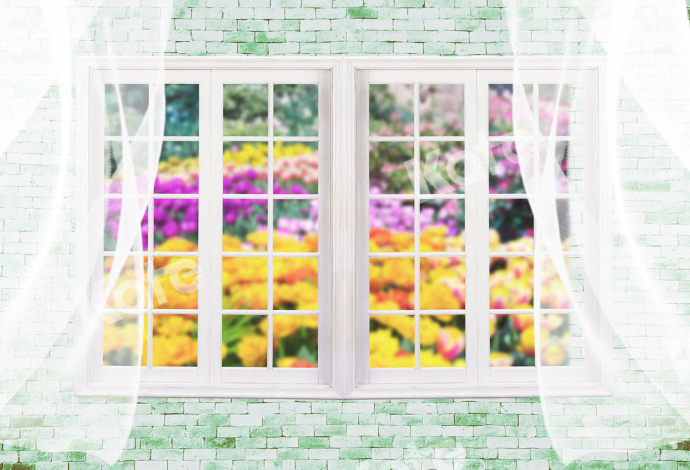 Kate外の春の白い窓の背景の花Chain写真撮影
