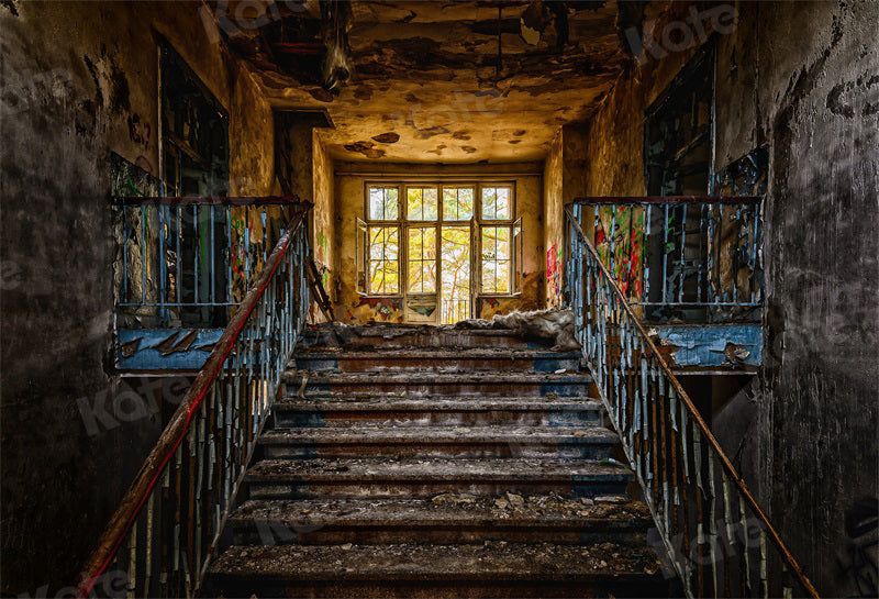 kate写真撮影のためのレトロな大階段の背景放棄された建物