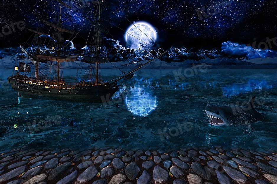 Kate写真撮影のための魔法の月の夜の背景サメボートストーン