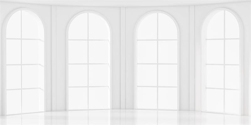Kate写真撮影のためのアーチ型の窓の背景の白いミニマリスト