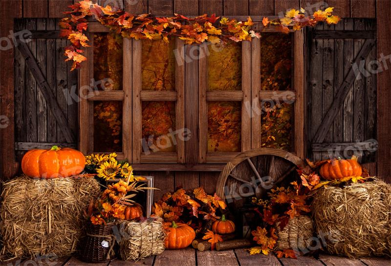 Kate写真撮影の秋のカボチャのカエデの葉木質感の背景