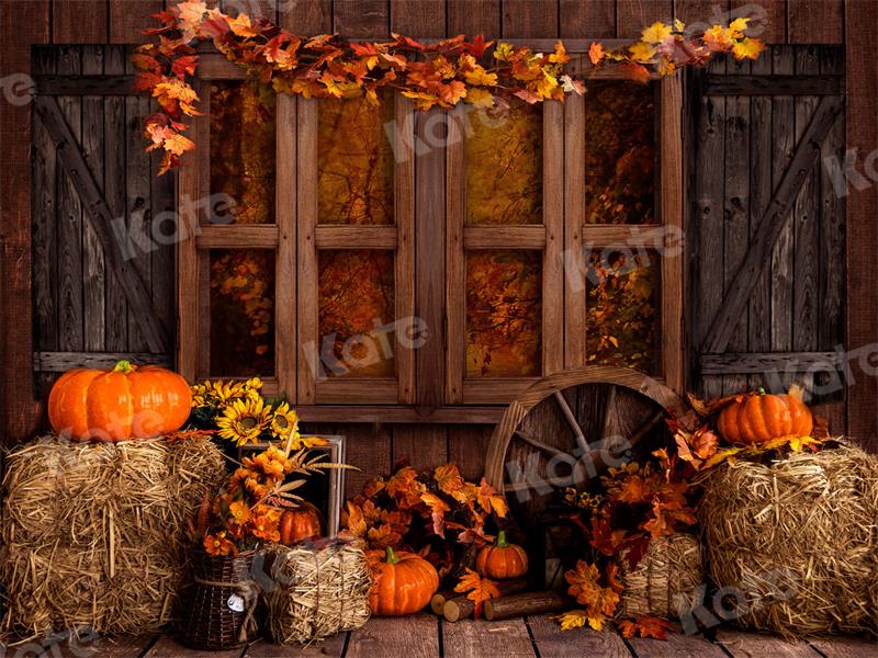 Kate写真撮影の秋のカボチャのカエデの葉木質感の背景