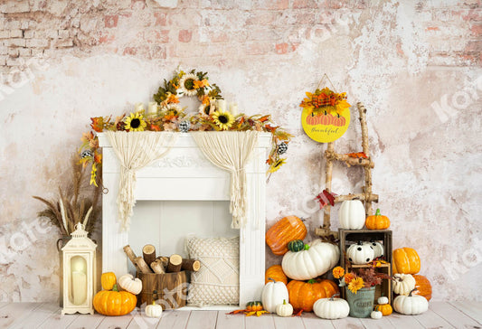 Kate秋かぼちゃハロウィーン感謝祭ひまわり白い暖炉の背景Emetselchデザイン