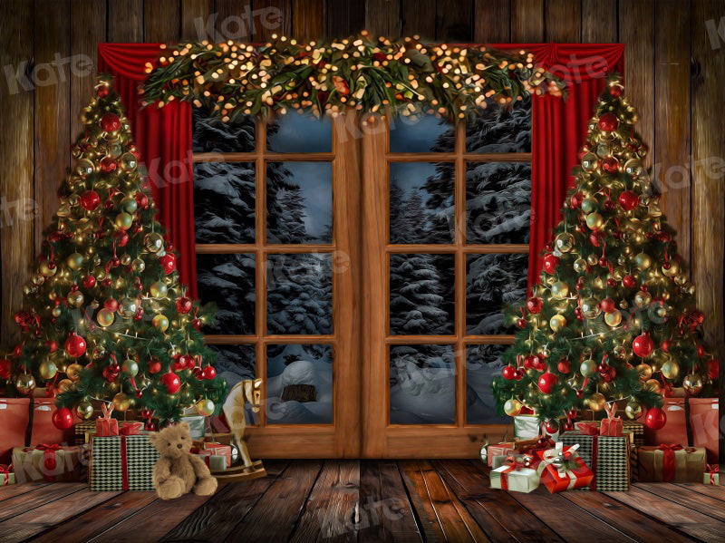 Kate冬クリスマスツリー雪景色屋内キャビン窓の背景