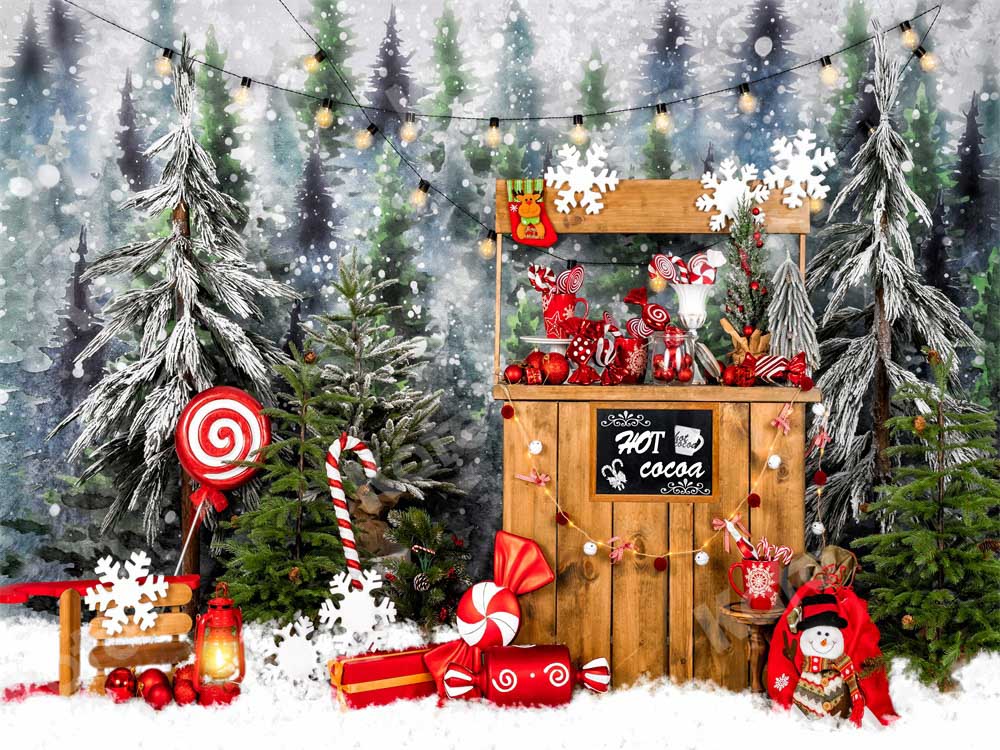 Kateクリスマスの背景屋外スノーツリーココアキャンディーEmetselchデザイン