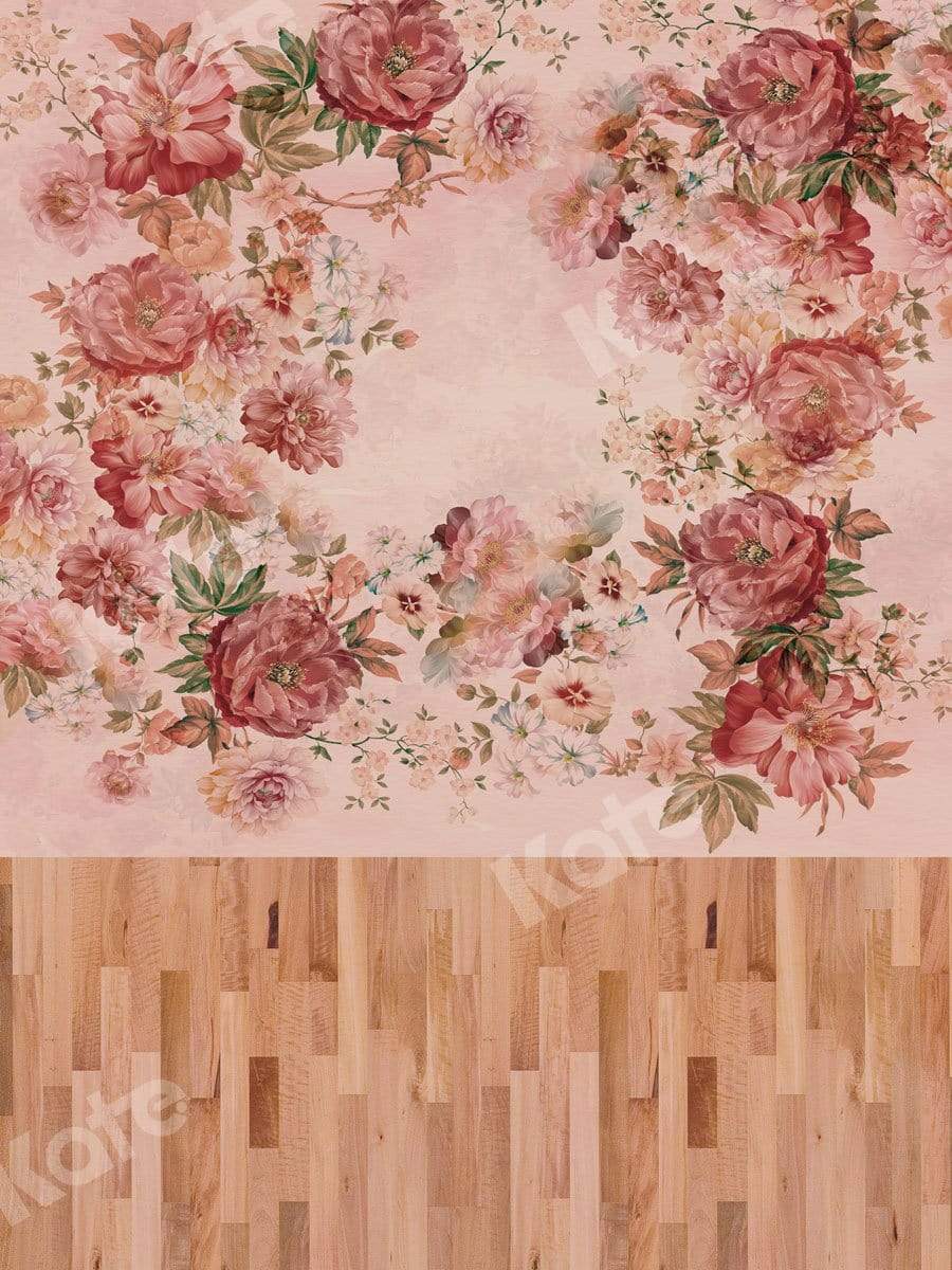 Kate写真撮影のための花の壁の木製の床の背景