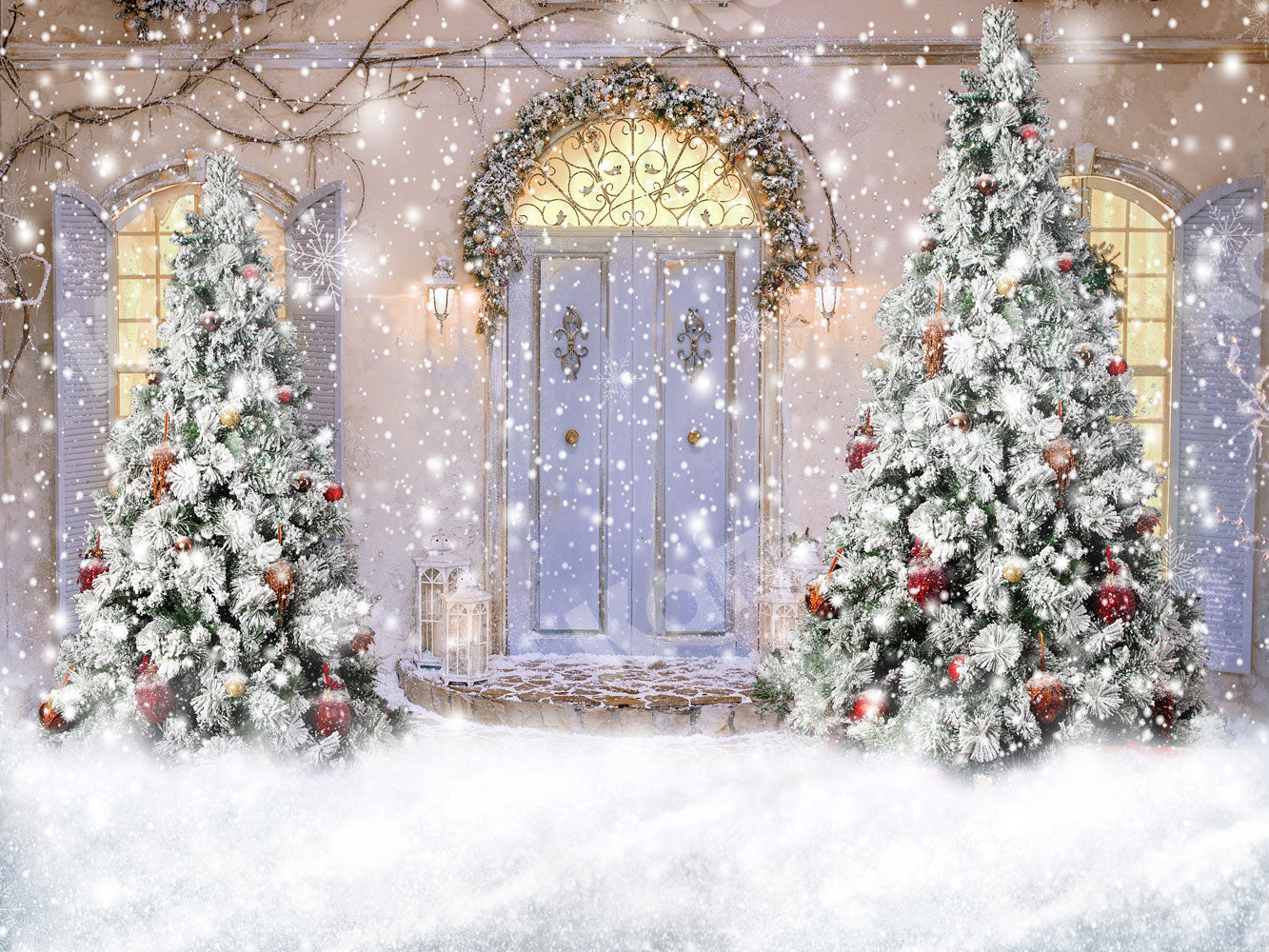Kate 雪のクリスマスツリーの背景正面玄関
