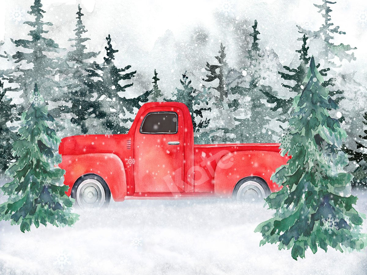 Kate 写真撮影のためのクリスマスの赤いトラックの雪の森の背景