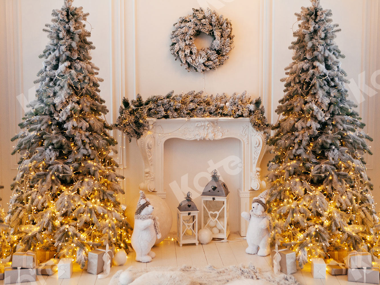 Kate ゴールデンライト暖炉クリスマスツリー背景