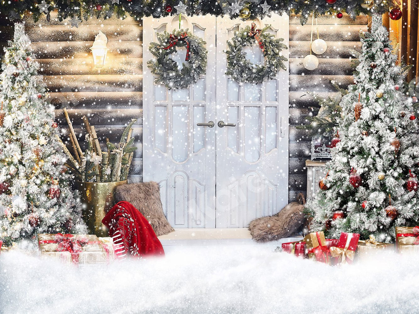 Kate 写真撮影のためのクリスマスの雪の正面玄関の背景