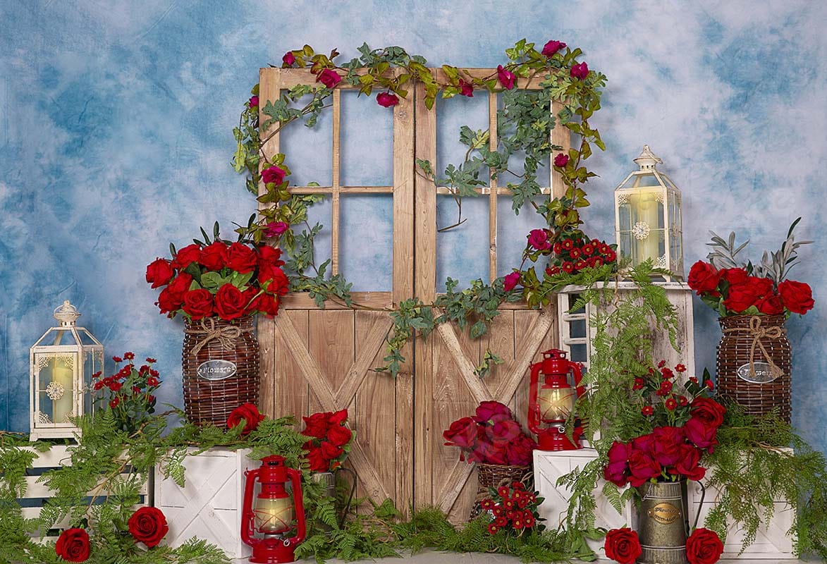 Kate春/母の日赤いバラの花のドア青い背景Emetselch設計