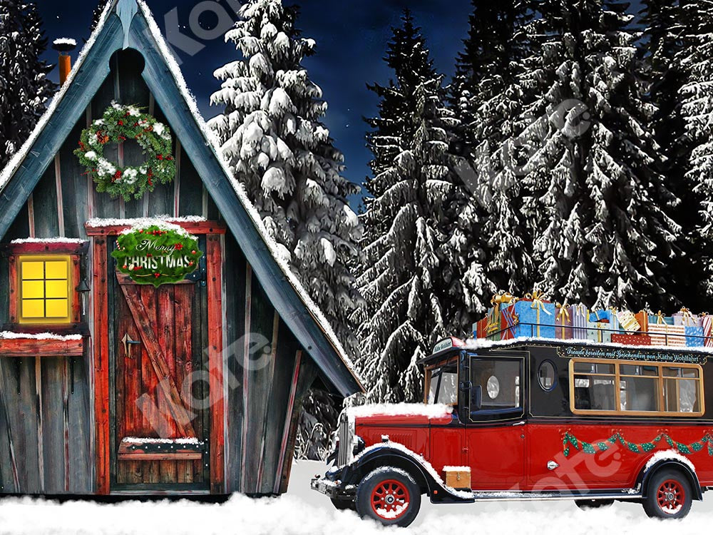 Kate雪の木の赤い車のクリスマスの背景によって設計された  Chain Photography