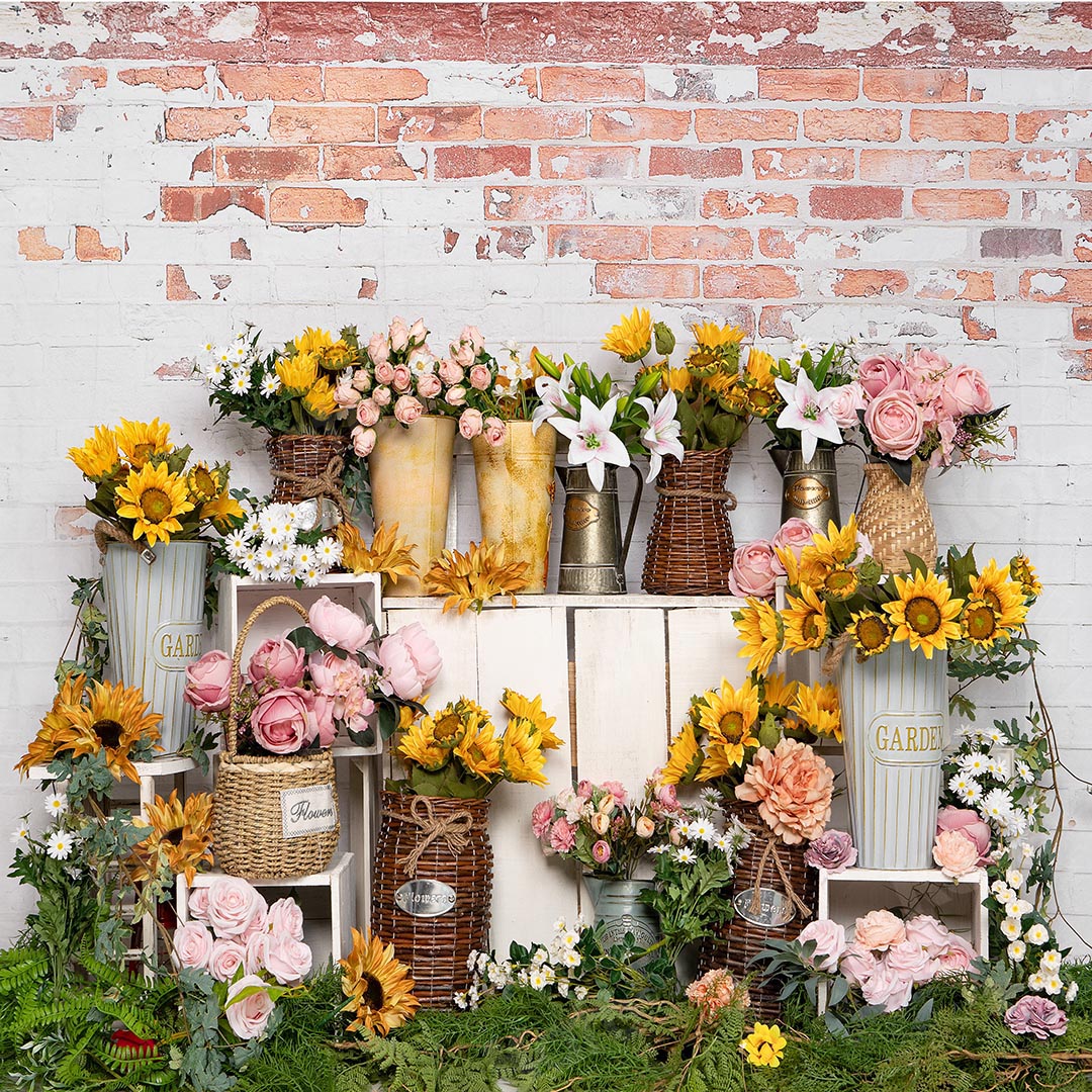 Kate 春の花屋ひまわりレンガの壁の背景によって設計された Emetselch