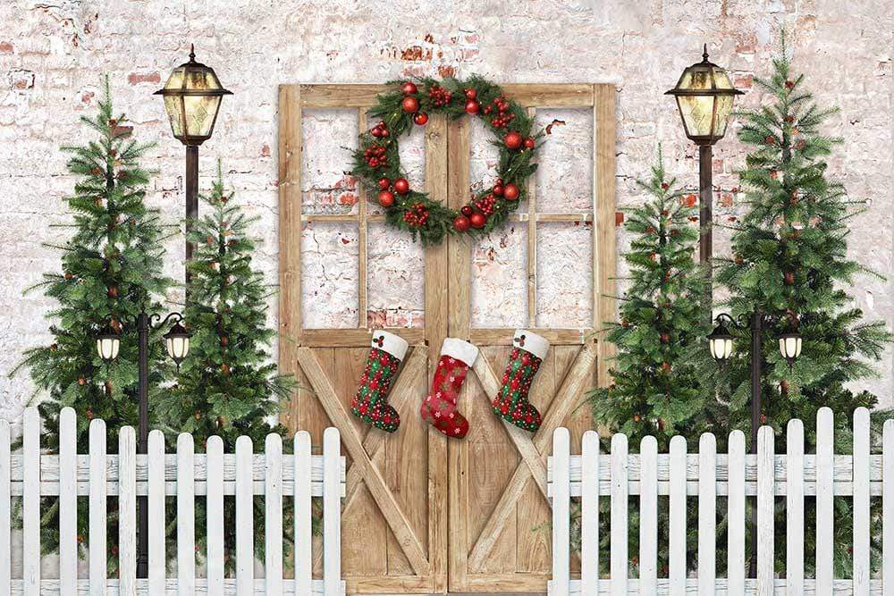 kateクリスマス冬の雪柵のドアの背景