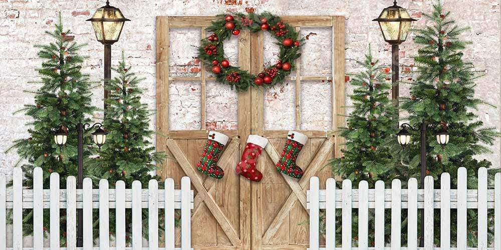 kateクリスマス冬の雪柵のドアの背景