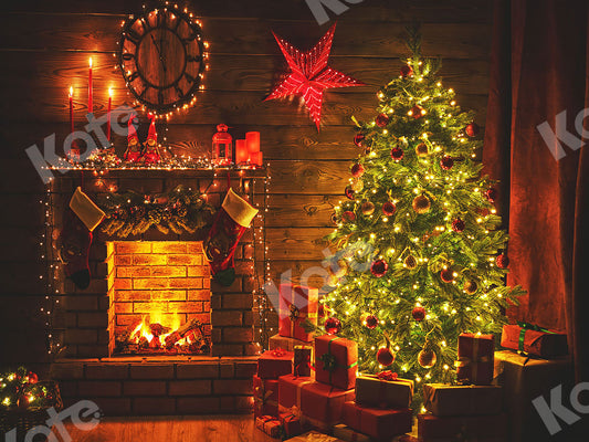 Kate 夜のクリスマスライトの木の暖炉の背景