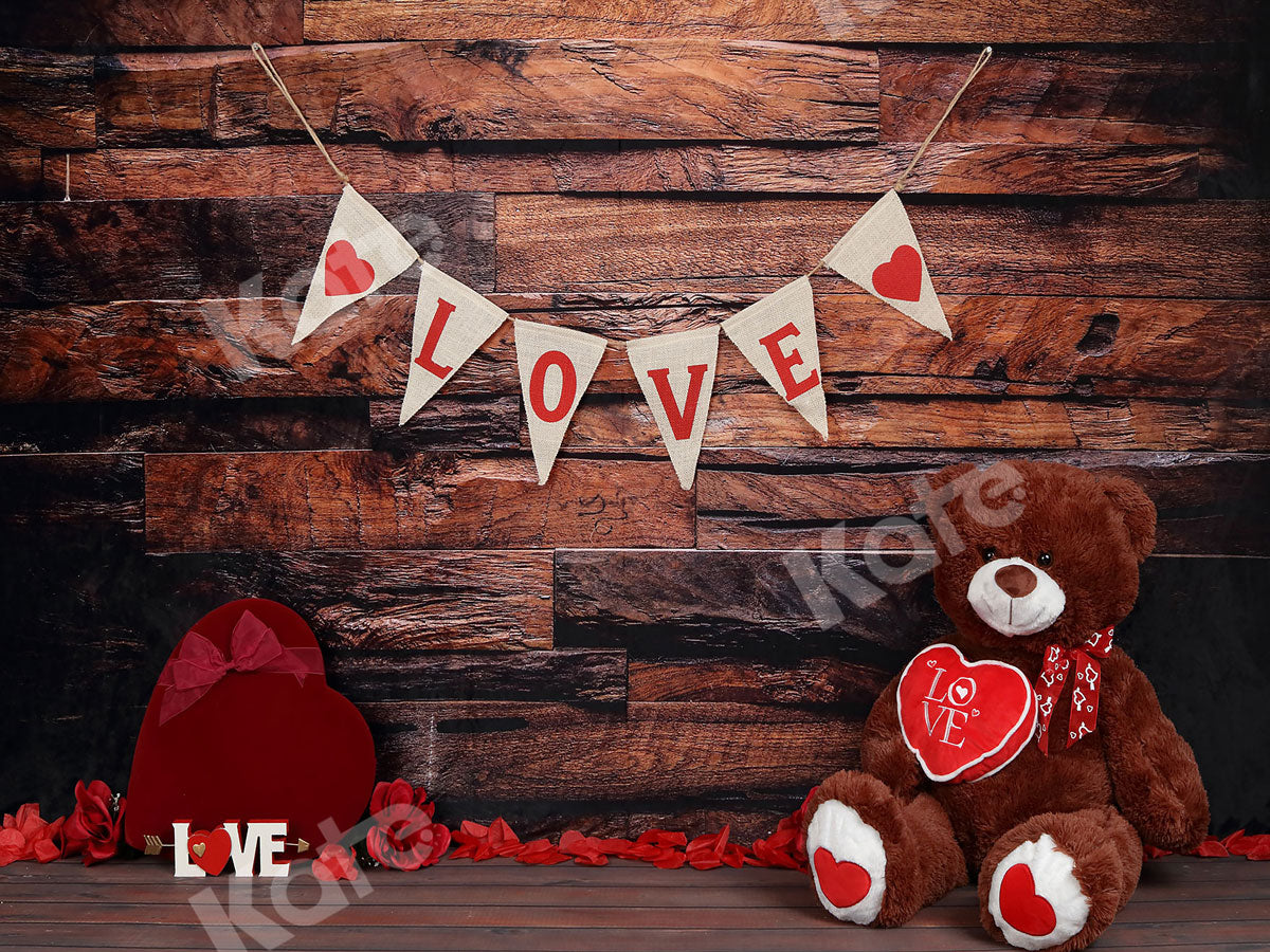 Kate バレンタイン木製の壁とテディベア愛バナーの背景布