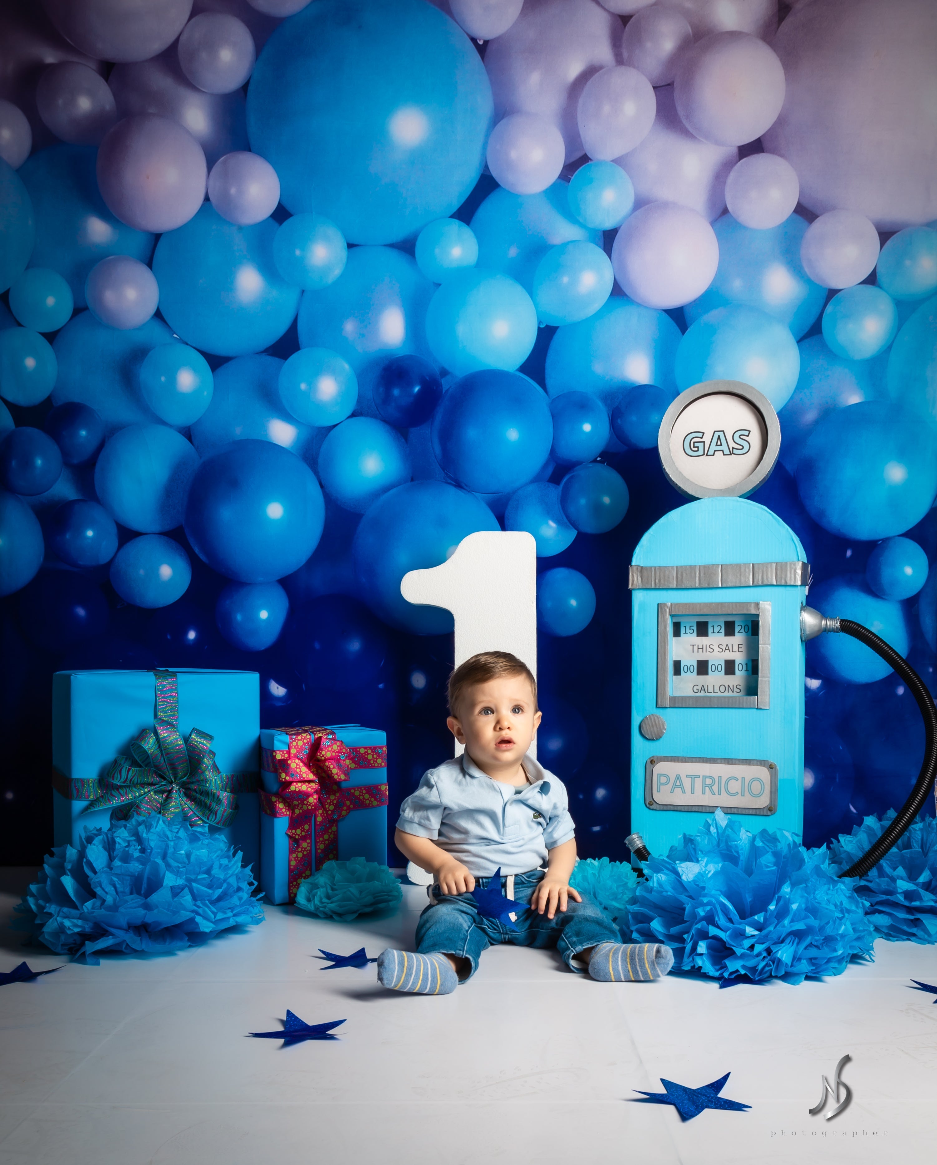 Kate写真撮影のための青い風船の壁の子供の背景の色合いMandy Ringe設計