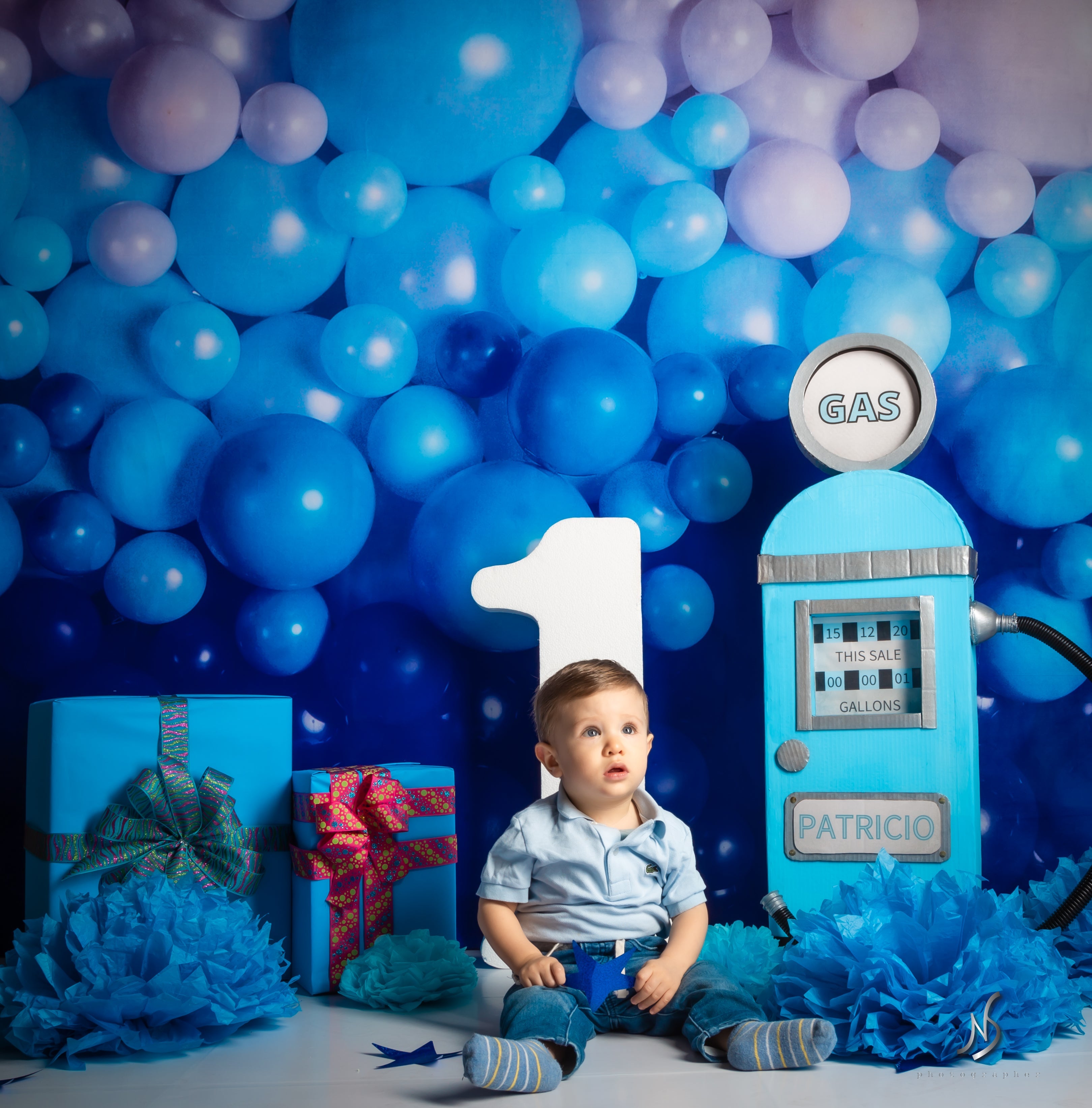 Kate写真撮影のための青い風船の壁の子供の背景の色合いMandy Ringe設計