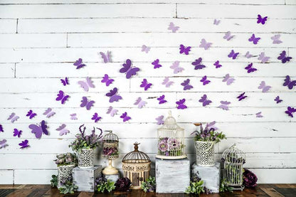 Kate 春の紫色の蝶の植物の白い壁の背景
