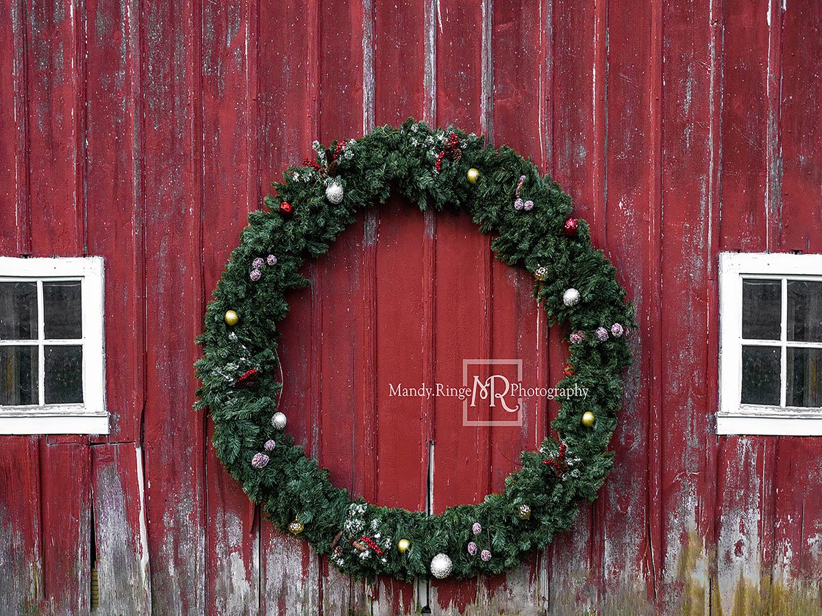 Kate Mandy Ringe Photography クリスマスリース木製の壁赤い背景によって設計された