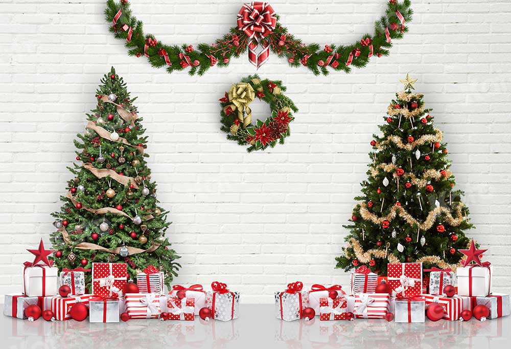 写真撮影のためのkateクリスマスレンガの壁の背景ツリーリースギフト