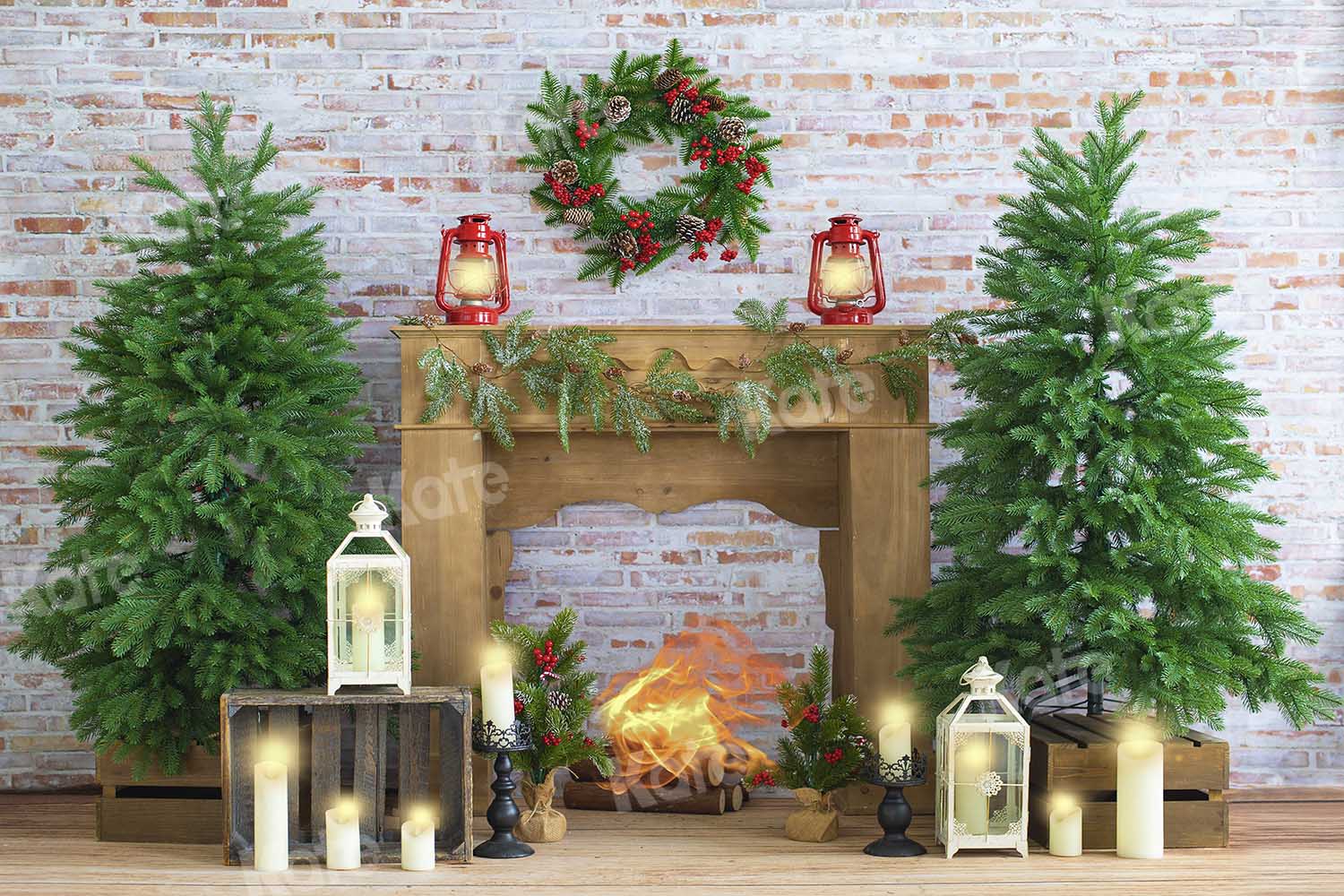 kateクリスマスキャンドル白レンガの暖炉の背景
