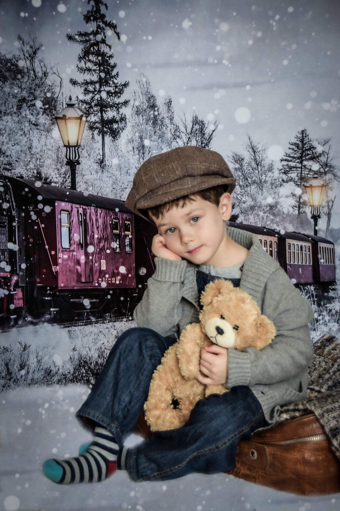 Kate 冬のクリスマス電車の背景雪Chain Photography設計